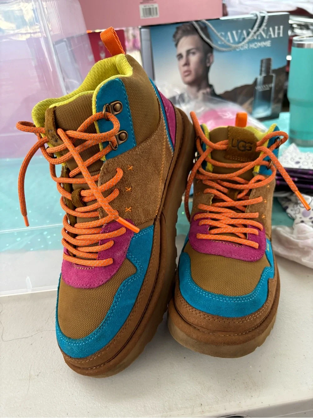 UGG Kids Brown High-Top Sneakers with Blue, Purple & Orange Accents